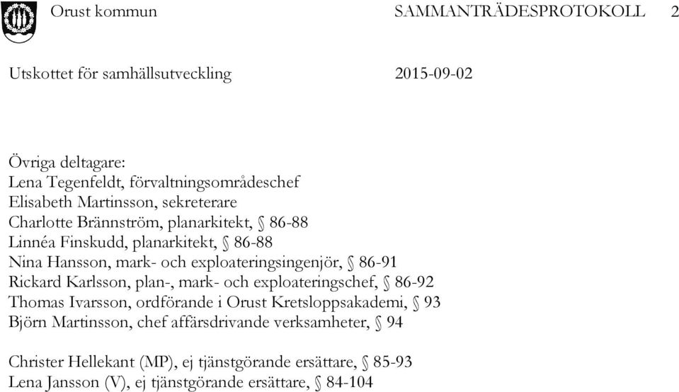 plan-, mark- och exploateringschef, 86-92 Thomas Ivarsson, ordförande i Orust Kretsloppsakademi, 93 Björn Martinsson, chef