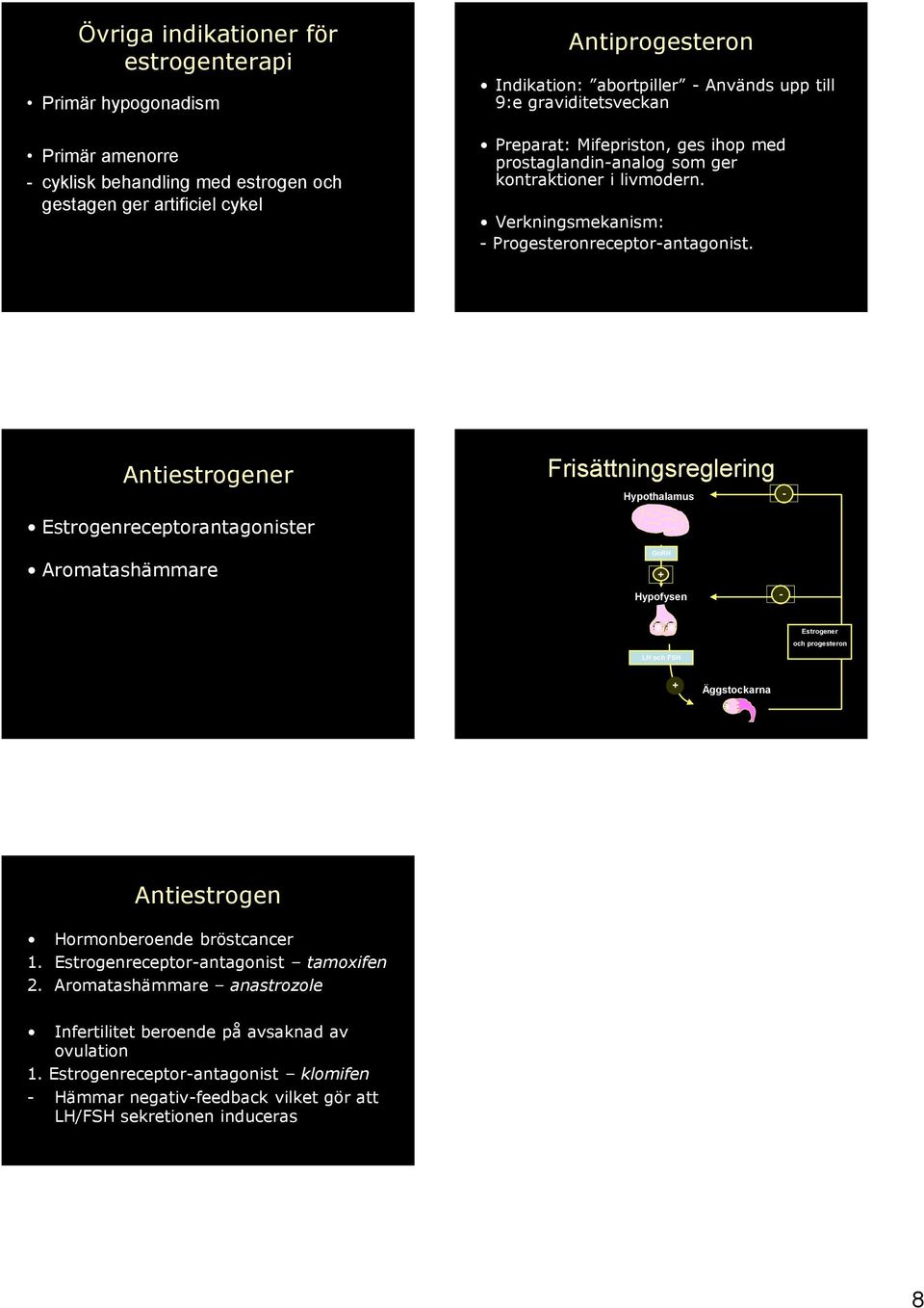 Antiestrogener Frisättningsreglering Hypothalamus - receptorantagonister Aromatashämmare GnRH + Hypofysen - er och progesteron LH och FSH + Äggstockarna Antiestrogen Hormonberoende bröstcancer