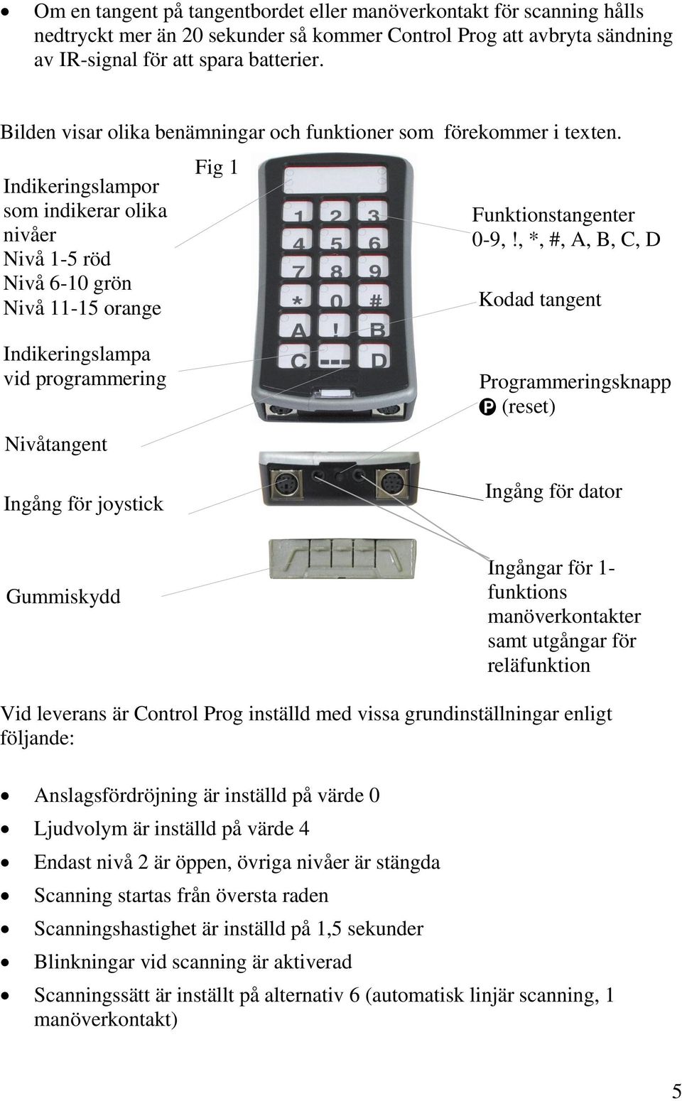 , *, #, A, B, C, D Kodad tangent Indikeringslampa vid programmering Nivåtangent Ingång för joystick Programmeringsknapp P (reset) Ingång för dator Gummiskydd Ingångar för 1- funktions