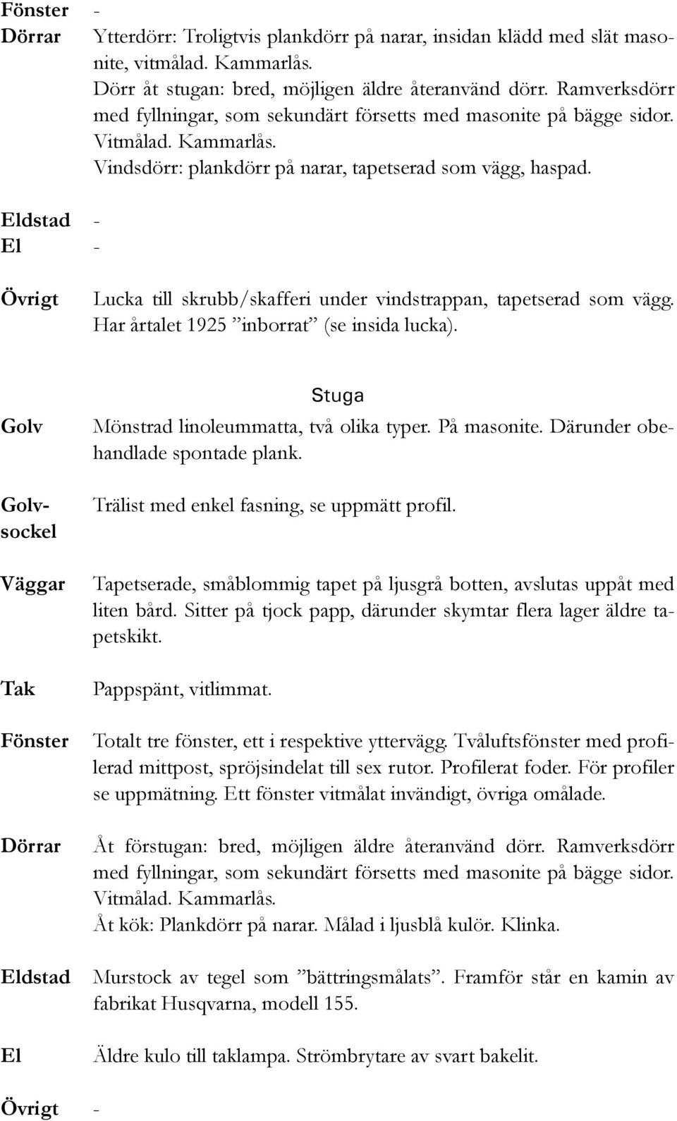 Eldstad - El - Övrigt Lucka till skrubb/skafferi under vindstrappan, tapetserad som vägg. Har årtalet 1925 inborrat (se insida lucka).