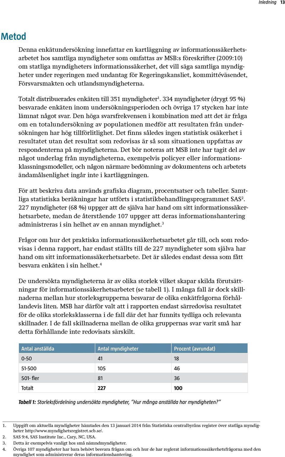 Totalt distribuerades enkäten till 351 myndigheter 1. 334 myndigheter (drygt 95 %) besvarade enkäten inom undersökningsperioden och övriga 17 stycken har inte lämnat något svar.