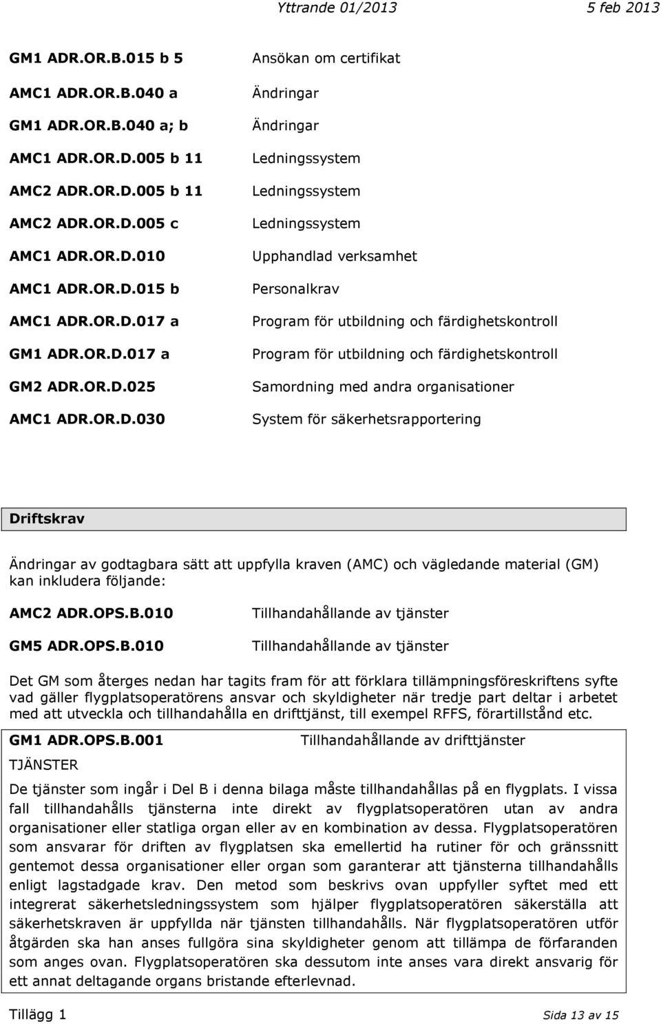 Program för utbildning och färdighetskontroll Samordning med andra organisationer System för säkerhetsrapportering Driftskrav Ändringar av godtagbara sätt att uppfylla kraven (AMC) och vägledande