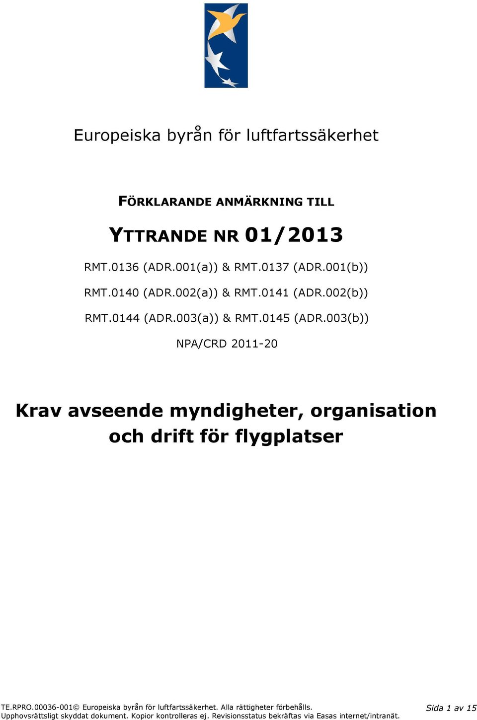 003(b)) NPA/CRD 2011-20 Krav avseende myndigheter, organisation och drift för flygplatser TE.RPRO.