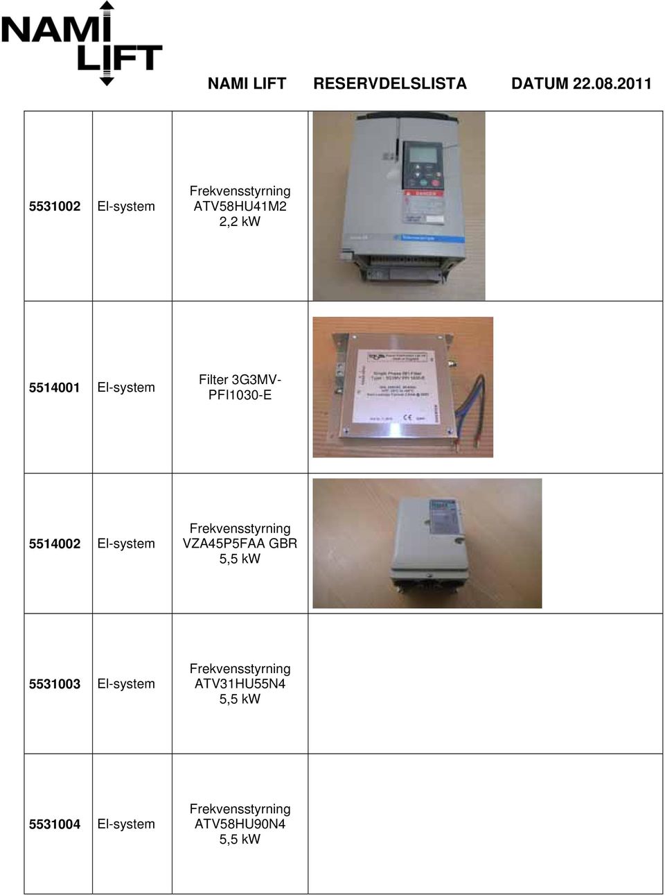 Frekvensstyrning VZA45P5FAA GBR 5,5 kw 5531003 El-system