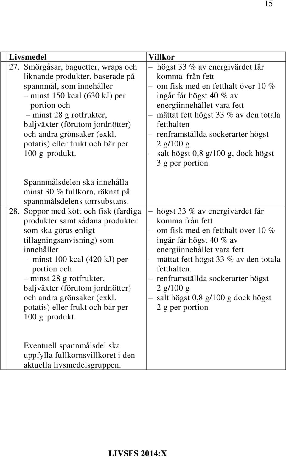 grönsaker (exkl. potatis) eller frukt och bär per 100 g produkt. Spannmålsdelen ska innehålla minst 30 % fullkorn, räknat på spannmålsdelens torrsubstans. 28.