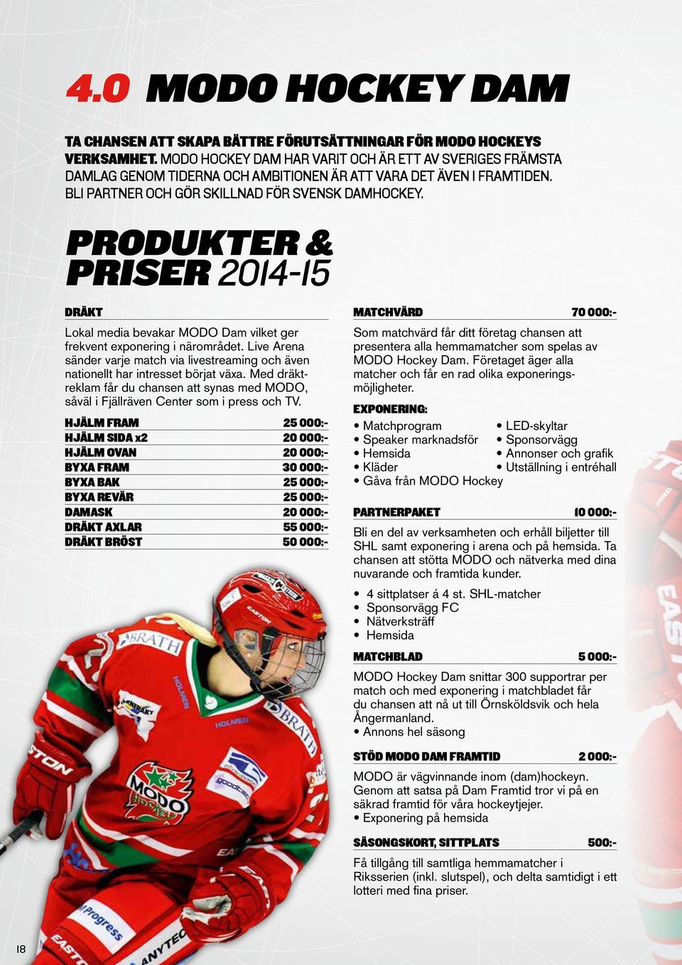 PRODUKTER & PRISER 2014-15 DRÄKT MATCHVÄRD Lokal media bevakar MODO Dam vilket ger frekvent exponering i närområdet.