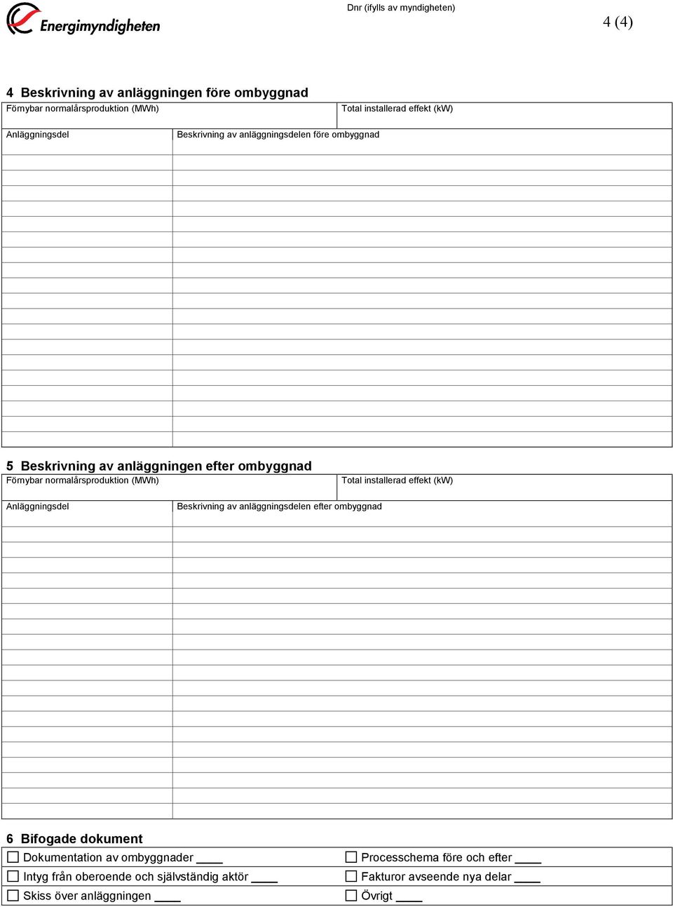 normalårsproduktion (MWh) Beskrivning av anläggningsdelen efter ombyggnad 6 Bifogade dokument Dokumentation av