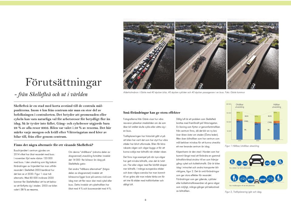 Det betyder att promenaden eller cykeln kan vara naturliga val för arbetsresor för betydligt fler än idag. Så är tyvärr inte fallet. Gång- och cykelresor utgjorde bara 28 % av alla resor 2003.