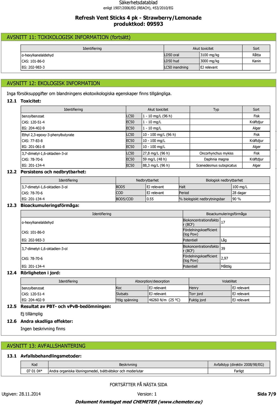 EKOLOGISK INFORMATION Inga försöksuppgifter om blandningens ekotoxikologiska egenskaper finns tillgängliga. 12.