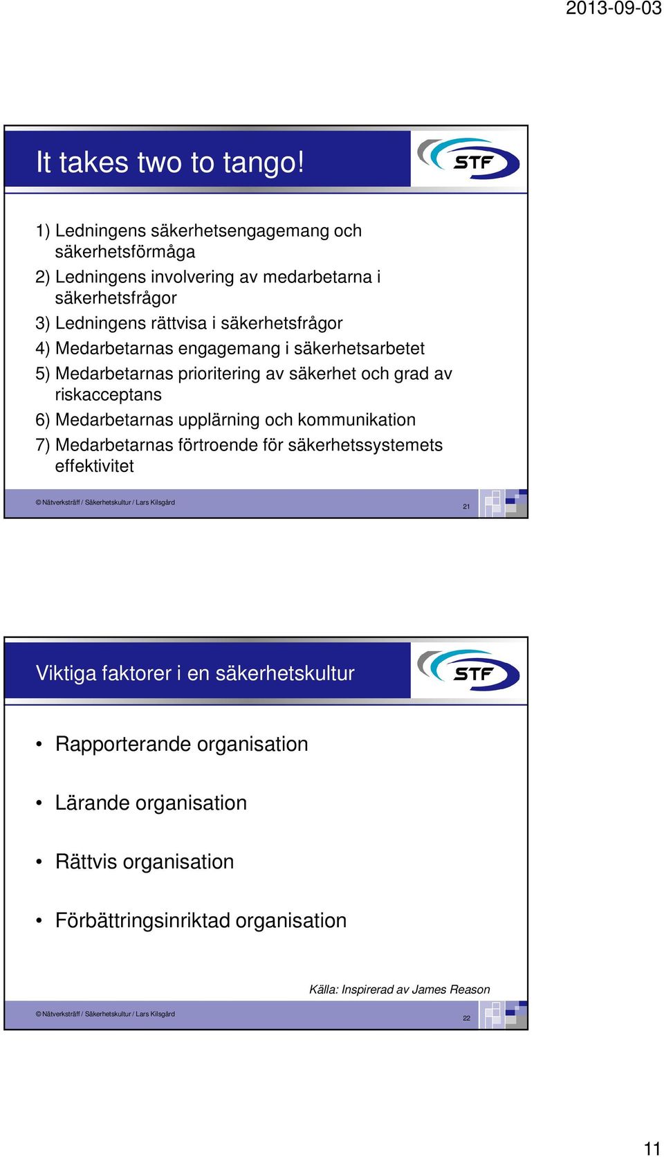 säkerhetsfrågor 4) Medarbetarnas engagemang i säkerhetsarbetet 5) Medarbetarnas prioritering av säkerhet och grad av riskacceptans 6)