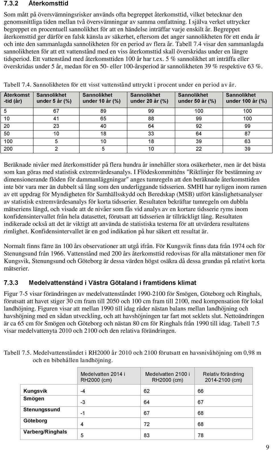 Begreppet återkomsttid ger därför en falsk känsla av säkerhet, eftersom det anger sannolikheten för ett enda år och inte den sammanlagda sannolikheten för en period av flera år. Tabell 7.