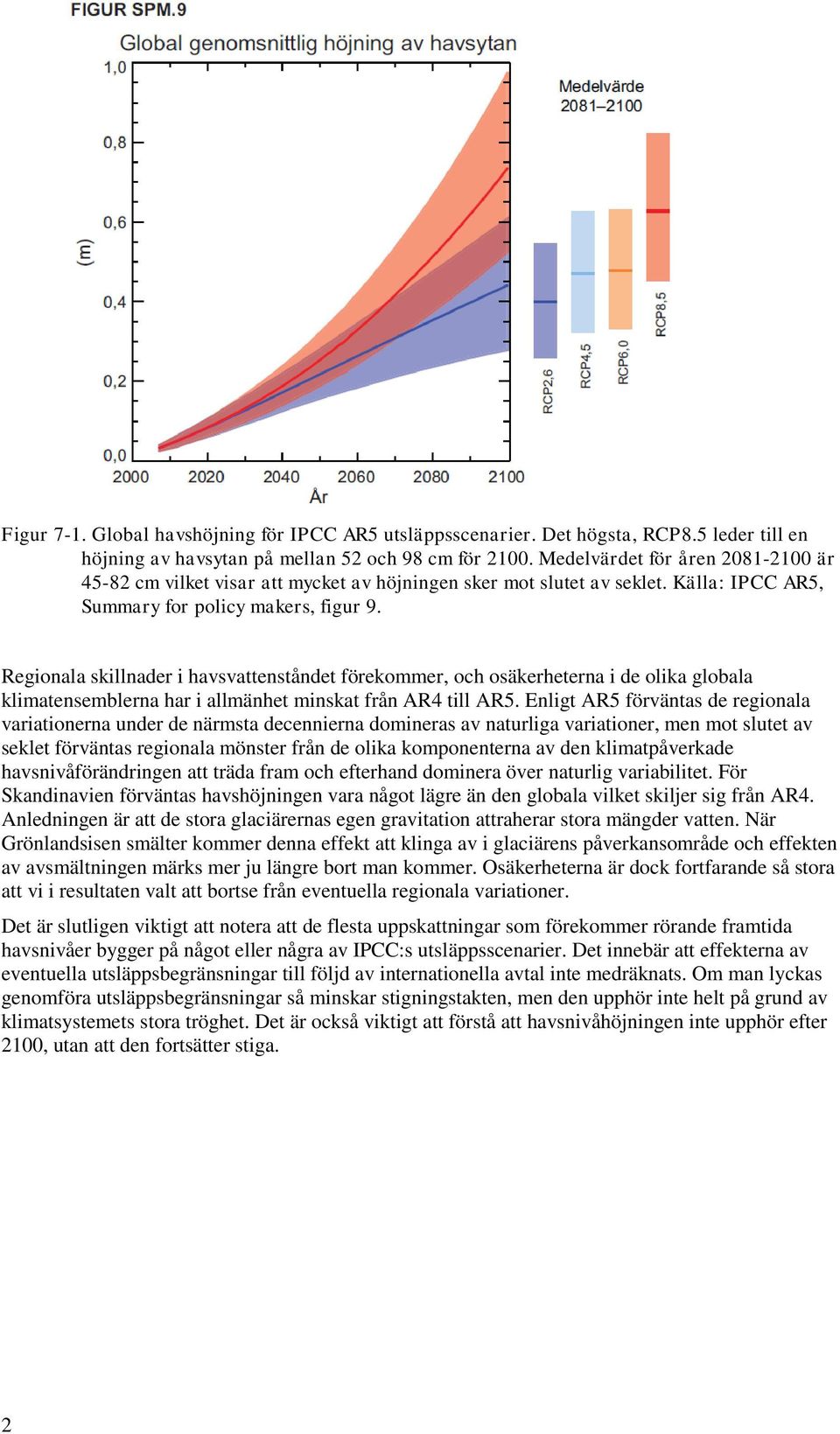 Regionala skillnader i havsvattenståndet förekommer, och osäkerheterna i de olika globala klimatensemblerna har i allmänhet minskat från AR4 till AR5.