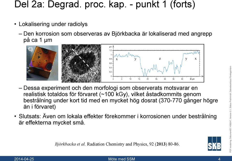 experiment och den morfologi som observerats motsvarar en realistisk totaldos för förvaret (~100 kgy), vilket åstadkommits genom