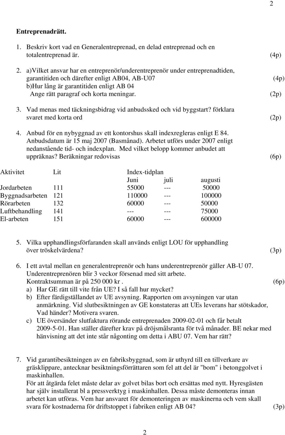 3. Vad menas med täckningsbidrag vid anbudssked och vid byggstart? förklara svaret med korta ord 4. Anbud för en nybyggnad av ett kontorshus skall indexregleras enligt E 84.