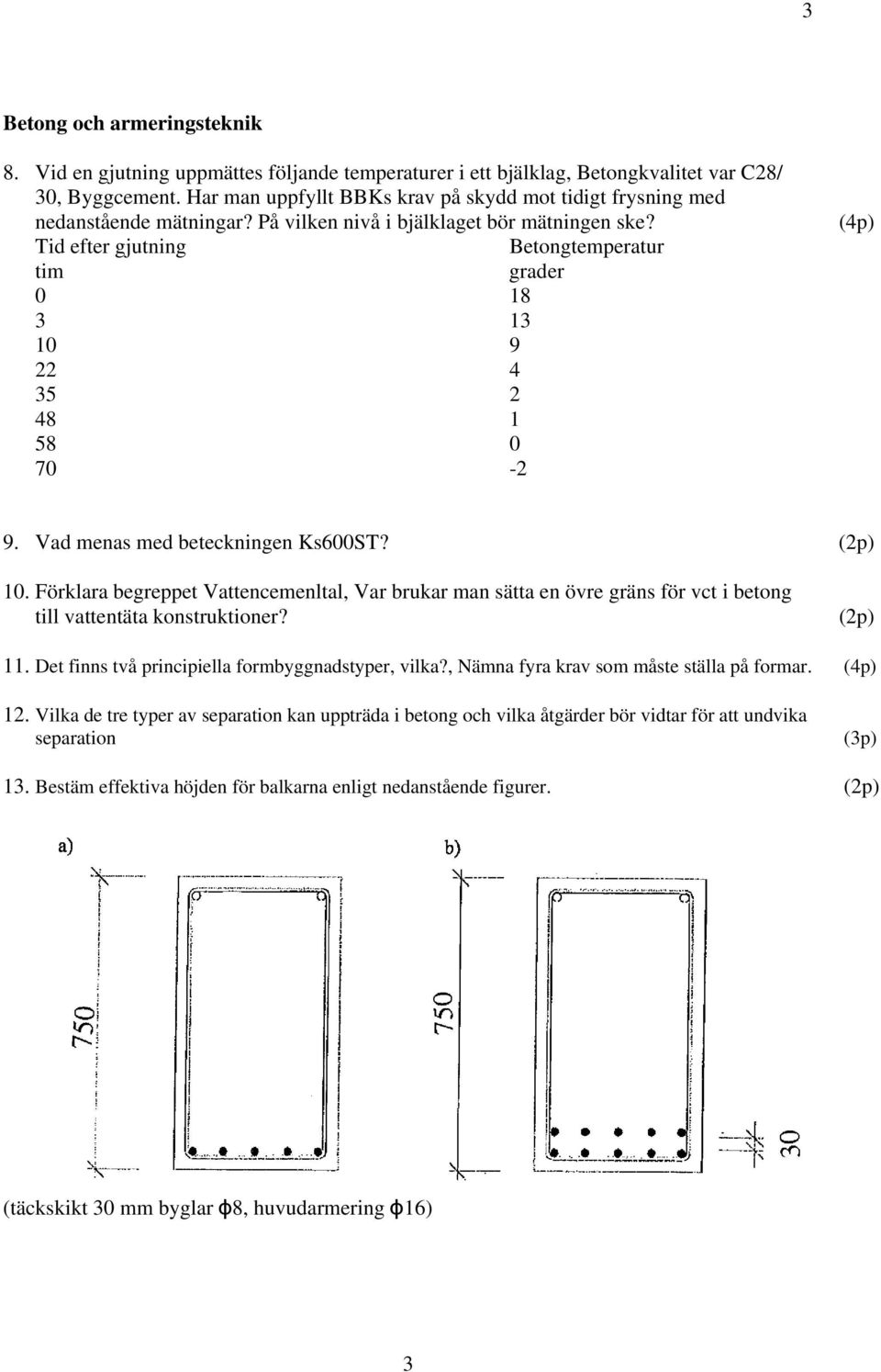 Tid efter gjutning Betongtemperatur tim grader 0 18 3 13 10 9 22 4 35 2 48 1 58 0 70-2 9. Vad menas med beteckningen Ks600ST? 10. Förklara begreppet Vattencemenltal, Var brukar man sätta en övre gräns för vct i betong till vattentäta konstruktioner?