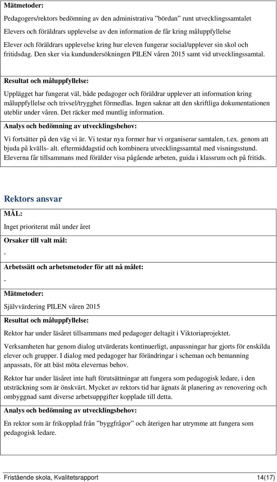 Resultat och måluppfyllelse: Upplägget har fungerat väl, både pedagoger och föräldrar upplever att information kring måluppfyllelse och trivsel/trygghet förmedlas.
