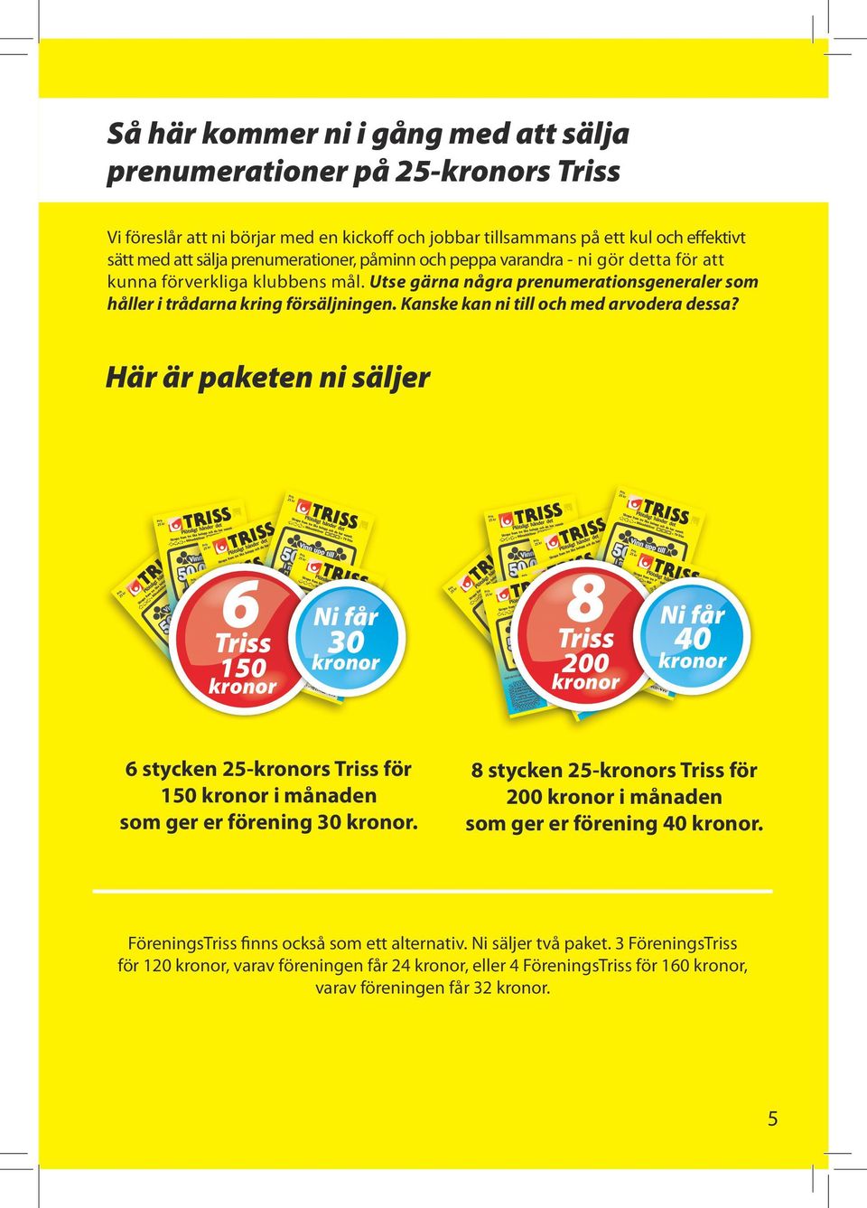 Kanske kan ni till och med arvodera dessa? Här är paketen ni säljer Triss 150 kronor Ni får 30 kronor 6 stycken 25-kronors Triss för 150 kronor i månaden som ger er förening 30 kronor.