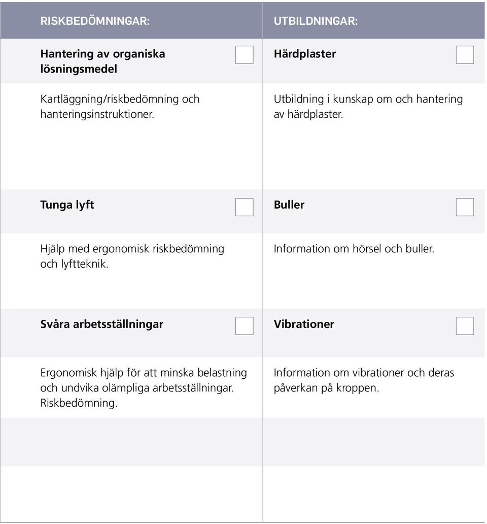 Tunga lyft Buller Hjälp med ergonomisk riskbedömning och lyftteknik. Information om hörsel och buller.