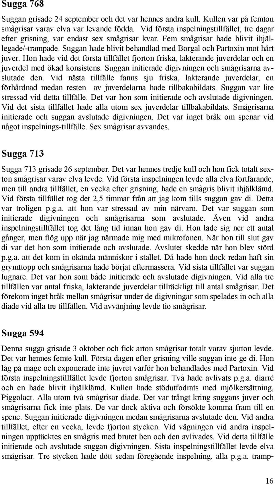 Suggan hade blivit behandlad med Borgal och Partoxin mot hårt juver. Hon hade vid det första tillfället fjorton friska, lakterande juverdelar och en juverdel med ökad konsistens.