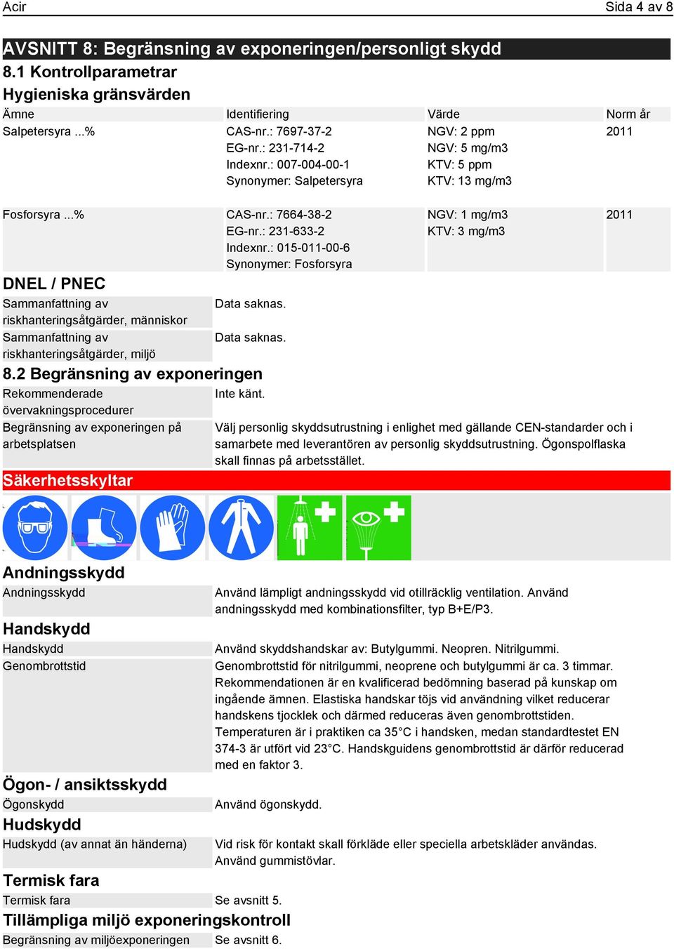 : 015-011-00-6 Synonymer: Fosforsyra DNEL / PNEC Sammanfattning av riskhanteringsåtgärder, människor Sammanfattning av riskhanteringsåtgärder, miljö Data saknas. Data saknas. 8.