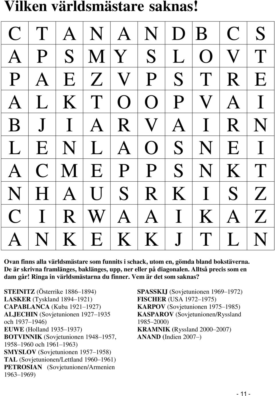 Ovan finns alla världsmästare som funnits i schack, utom en, gömda bland bokstäverna. De är skrivna framlänges, baklänges, upp, ner eller på diagonalen. Alltså precis som en dam går!