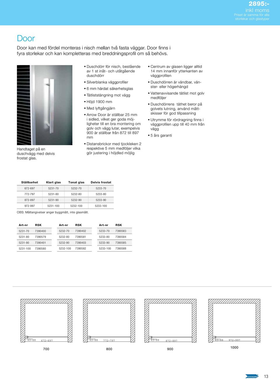 Duschdörr för nisch, bestående av 1 st inåt- och utåtgående duschdörr Silverblanka väggprofiler 6 mm härdat säkerhetsglas Tätliststängning mot vägg Höjd 1900 mm Med lyftgångjärn Arrow Door är