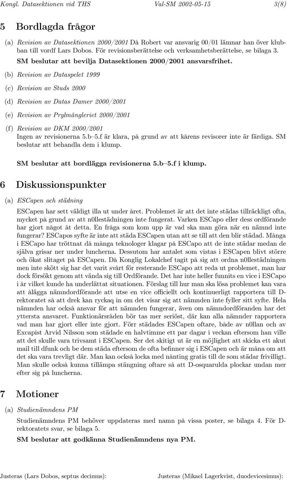 (b) Revision av Dataspelet 1999 (c) Revision av Studs 2000 (d) Revision av Datas Damer 2000/2001 (e) Revision av Prylmångleriet 2000/2001 (f) Revision av DKM 2000/2001 Ingen av revisionerna 5.b 5.