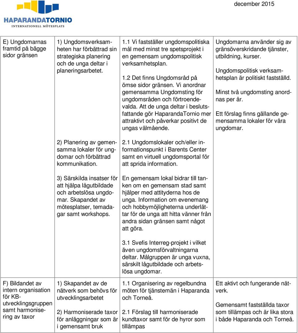 Skapandet av mötesplatser, temadagar samt workshops. 1.1 Vi fastställer ungdomspolitiska mål med minst tre spetsprojekt i en gemensam ungdomspolitisk verksamhetsplan. 1.2 Det finns Ungdomsråd på ömse sidor gränsen.