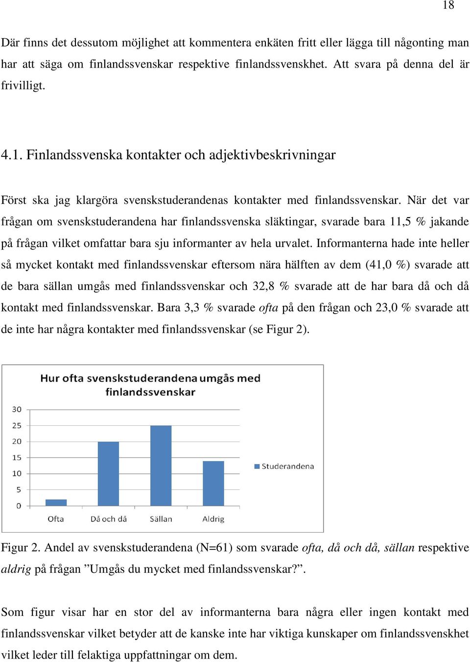 När det var frågan om svenskstuderandena har finlandssvenska släktingar, svarade bara 11,5 % jakande på frågan vilket omfattar bara sju informanter av hela urvalet.