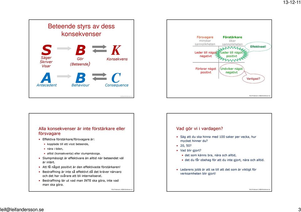 se Alla konsekvenser är inte förstärkare eller försvagare Effektiva förstärkare/försvagare är: kopplade till ett visst beteende, nära i tiden, alltid (konsekventa) eller slumpmässiga.