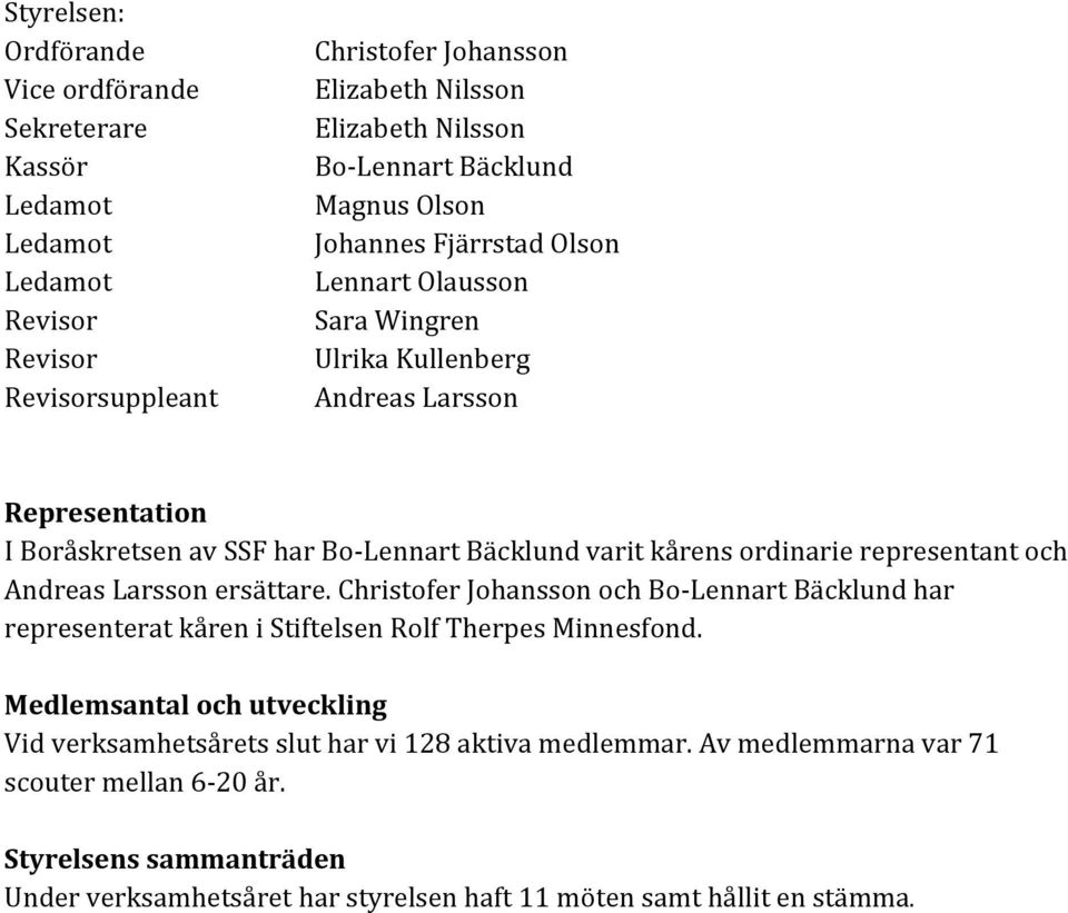 ordinarie representant och Andreas Larsson ersättare. Christofer Johansson och Bo-Lennart Bäcklund har representerat kåren i Stiftelsen Rolf Therpes Minnesfond.