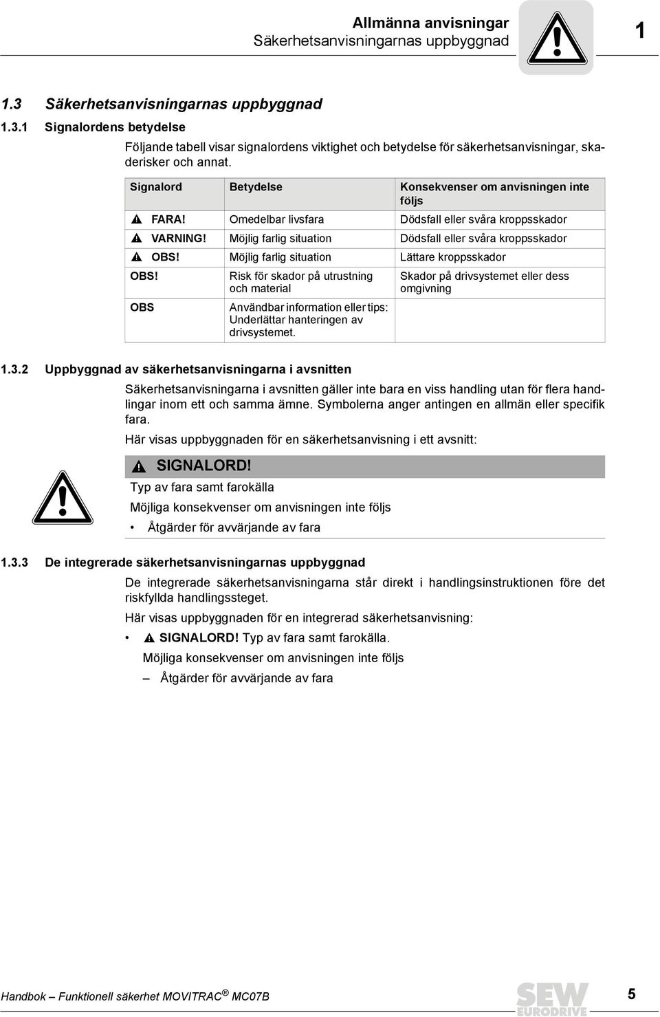 Möjlig farlig situation Lättare kroppsskador OBS! OBS Risk för skador på utrustning och material Användbar information eller tips: Underlättar hanteringen av drivsystemet.