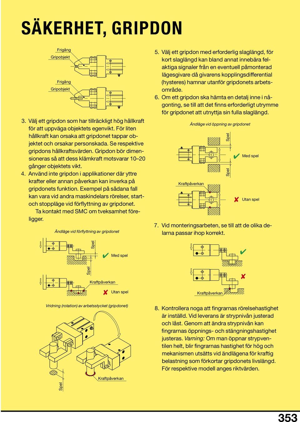 Gripdon bör dimensioneras så att dess klämkraft motsvarar 10 20 gånger objektets vikt. 4. Använd inte gripdon i applikationer där yttre krafter eller annan påverkan kan inverka på gripdonets funktion.