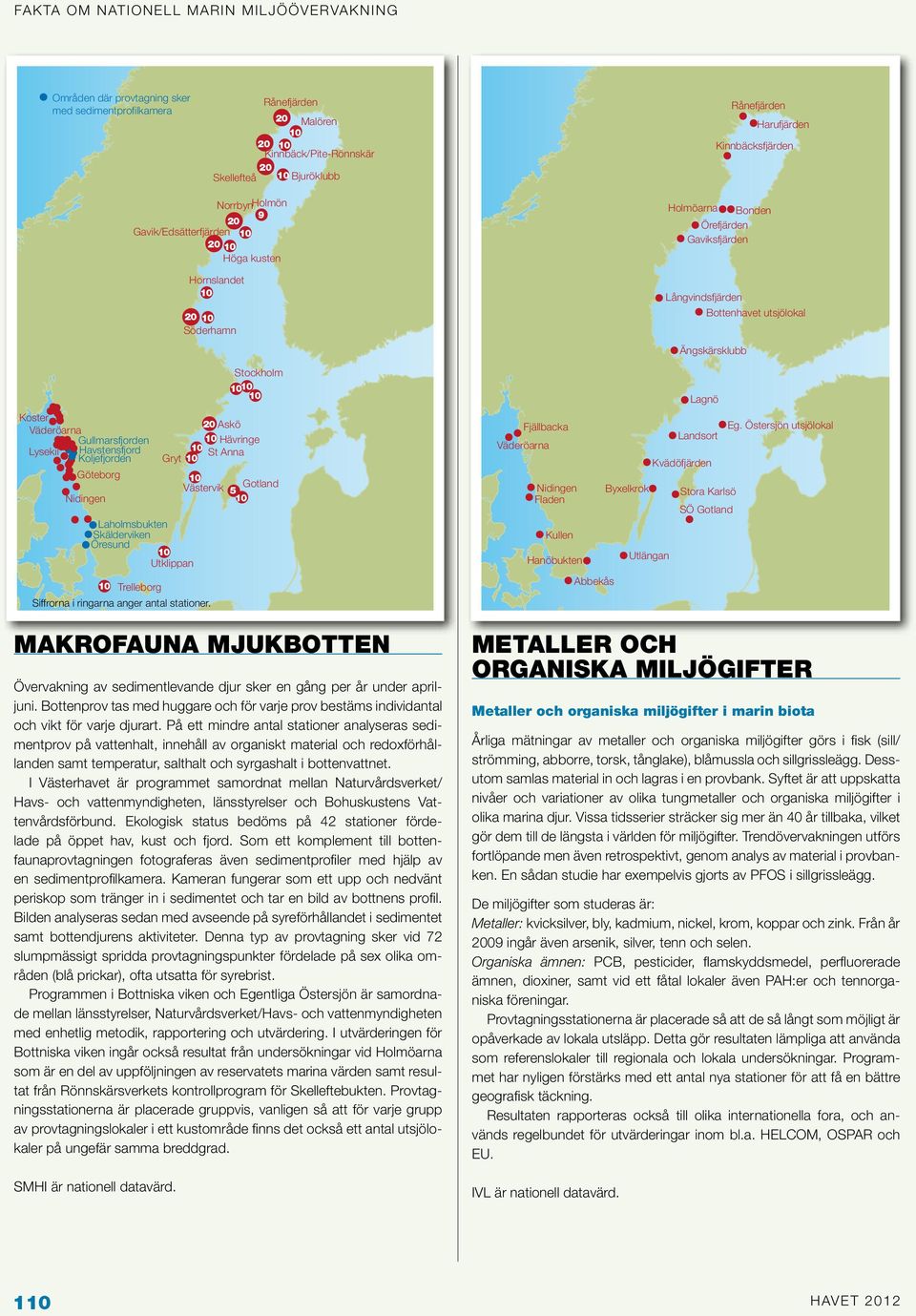 Gullmarsfjorden Hävringe Lysekil Havstensfjord St Anna Koljefjorden Gryt Göteborg Västervik Gotland 5 Nidingen Laholmsbukten Skälderviken Öresund Utklippan Trelleborg Siffrorna i ringarna anger antal