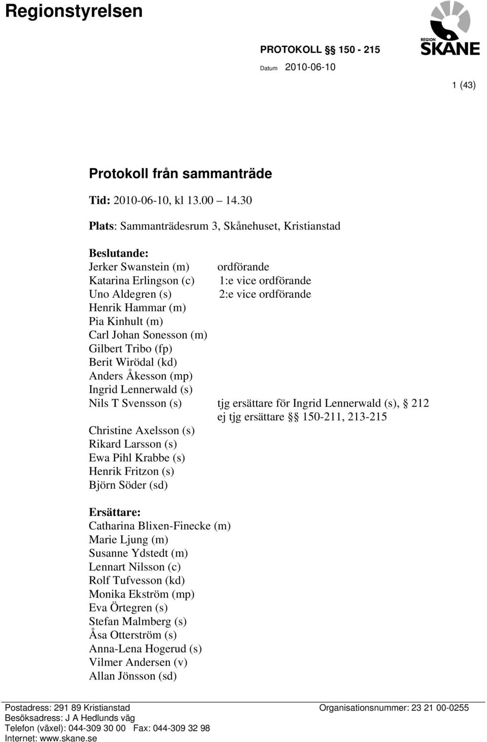 Kinhult (m) Carl Johan Sonesson (m) Gilbert Tribo (fp) Berit Wirödal (kd) Anders Åkesson (mp) Ingrid Lennerwald (s) Nils T Svensson (s) tjg ersättare för Ingrid Lennerwald (s), 212 ej tjg ersättare