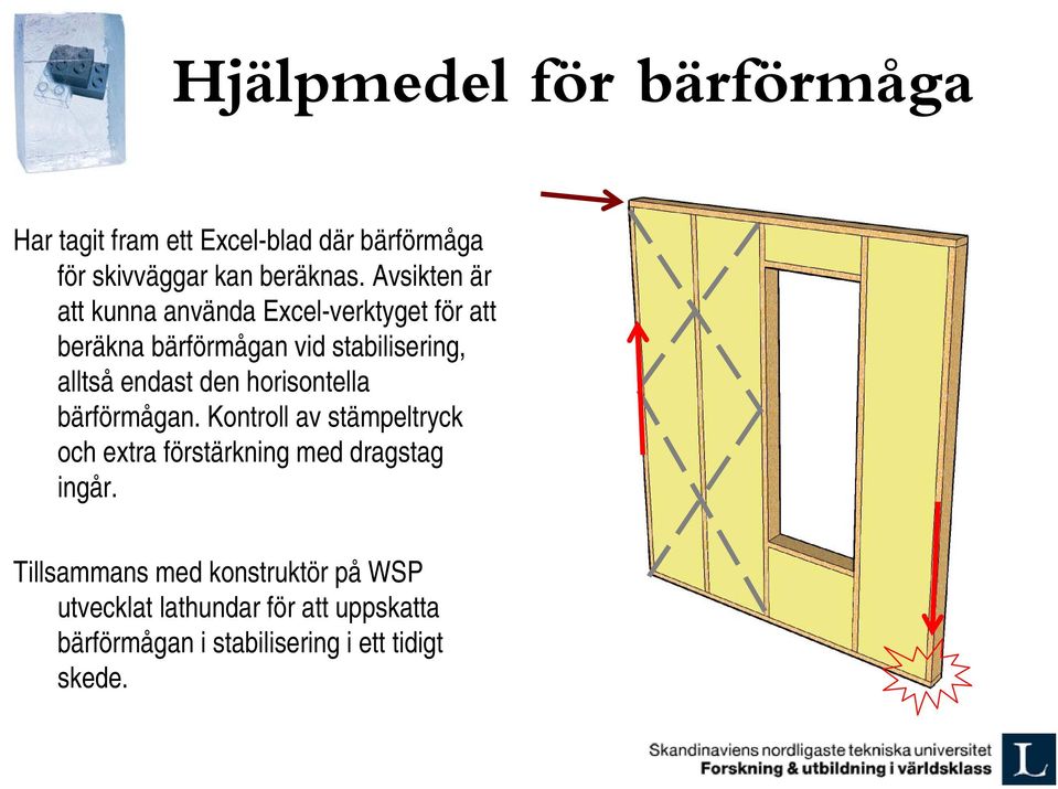 den horisontella bärförmågan. Kontroll av stämpeltryck och extra förstärkning med dragstag ingår.