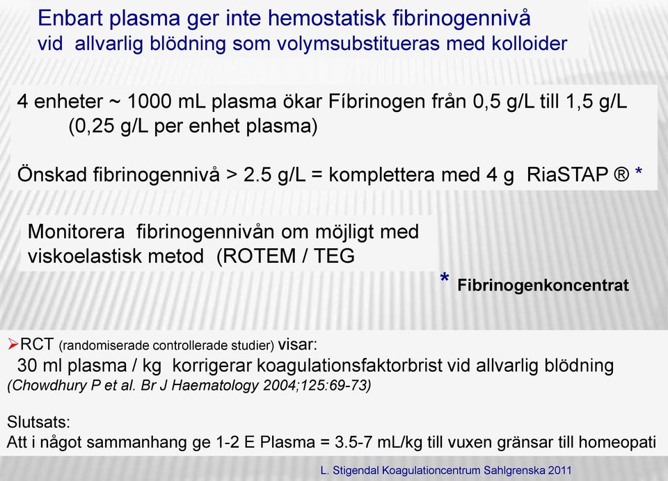 5 g/l = komplettera med 4 g RiaSTAP * Monitorera fibrinogennivån om möjligt med viskoelastisk metod (ROTEM / TEG * Fibrinogenkoncentrat RCT (randomiserade