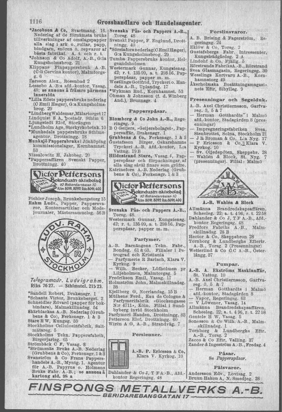 29 Johnson & 00 Adolf, A. B., G:la Tumba Pappersbruks kontor, Hel. Kungsholmsbrog. 21 geandsholmen Klippans Finpappersbruk A. B. Westermark Gunnar, Kungstensg. (C G Cervins kontor), M.Imtorgs- 42; r.