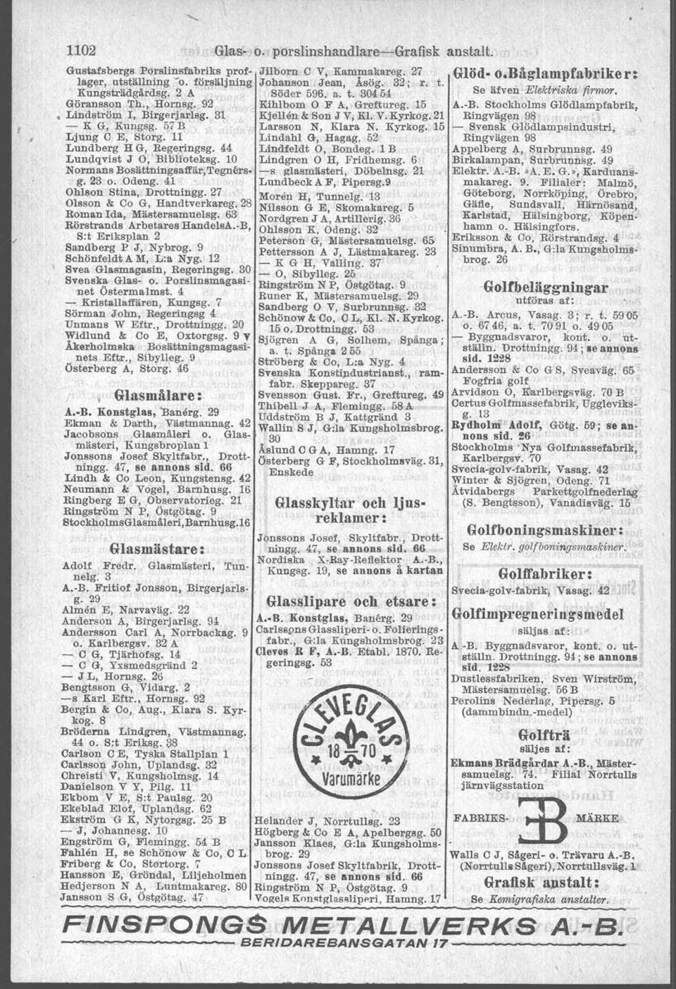 Stockholms Glödlamprabrik, LindsköJA I; Birgerjadsg.. 31 Kjellen & Son J V, Kl. V.Kyrkog;21 Ringvägen 98., - K G" Kungsg. if B Larsson N, Klara N. Kyrkog. 15 - Svensk Glödlampstndustrj, Ljung C.