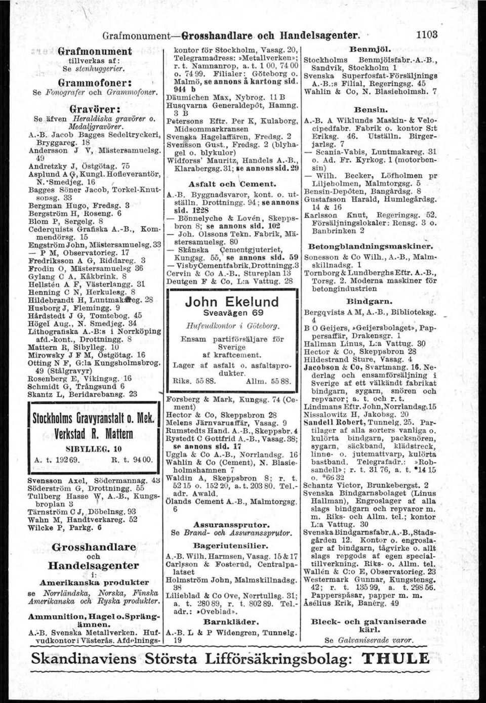 Jacob Bagges Sedeltryckeri, Bryggareg, 18 A\~erSSon J V, Mästersamuelsg. Andretzky J, Östgötag. 75 Asplund A r;" Kungl. Hofleverantör, N. Smedjeg. 16 I Bagges Söner Jacob, 'I'orkel-Knutsonsg.