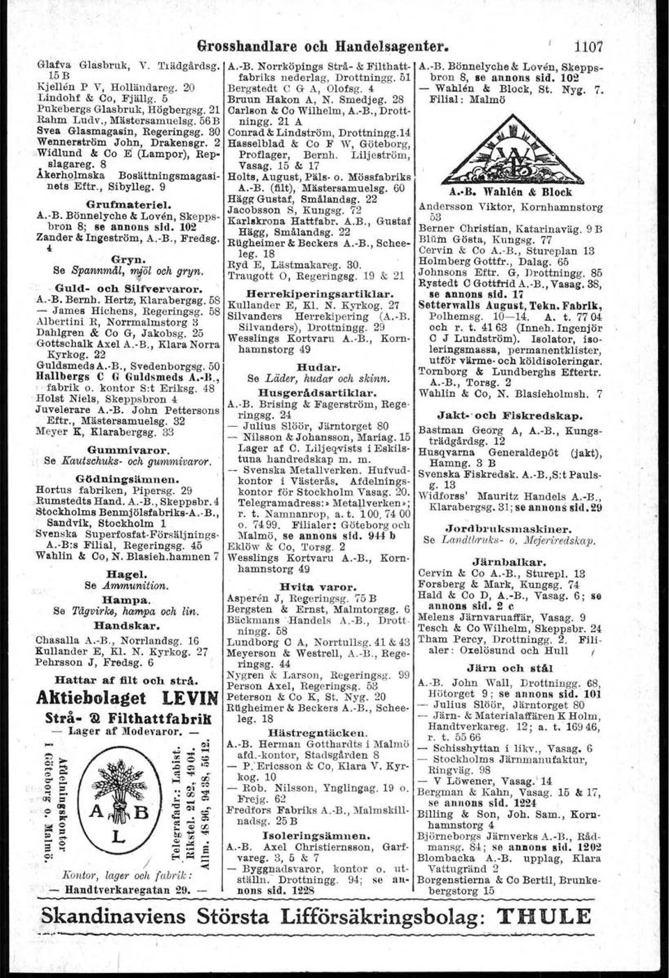 102 Zander & Irigeström, A.-B., Fredsg. 4 Gryn. Se Spannmdl, ~öl och gryn.. Guld- och Silfvervaror. A.-B. Bernh, Hertz; Klarabergag. 58 - James Hichens, Regeringsg.