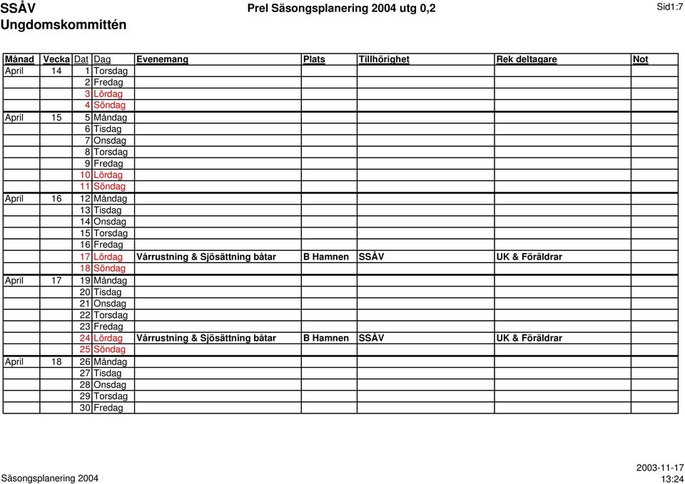 båtar B Hamnen SSÅV UK & Föräldrar 18 Söndag April 17 19 Måndag 20 Tisdag 21 Onsdag 22 Torsdag 23 Fredag 24 Lördag