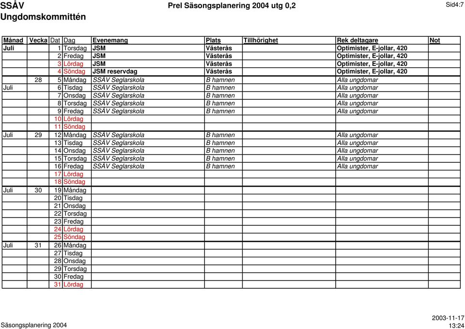 SSÅV Seglarskola B hamnen Alla ungdomar 9 Fredag SSÅV Seglarskola B hamnen Alla ungdomar 10 Lördag 11 Söndag Juli 29 12 Måndag SSÅV Seglarskola B hamnen Alla ungdomar 13 Tisdag SSÅV Seglarskola B