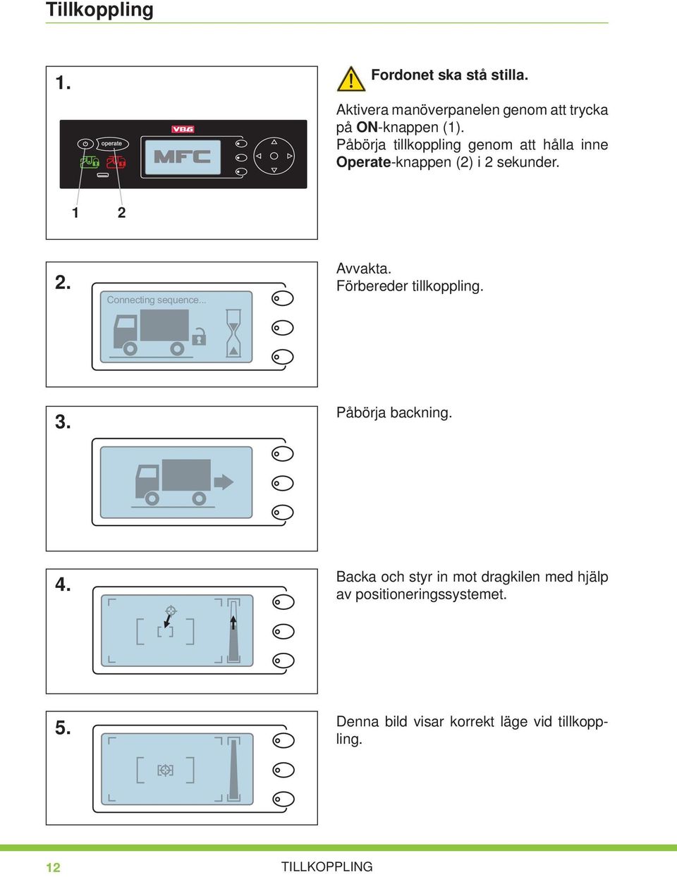 Connecting sequence... Avvakta. Förbereder tillkoppling. 3. Påbörja backning. 4.