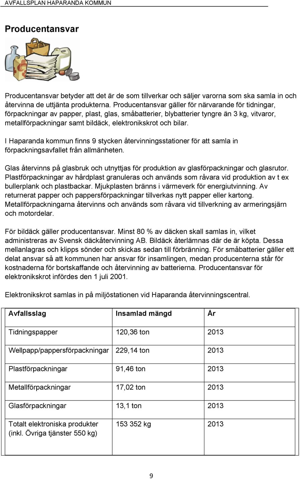 bilar. I Haparanda kommun finns 9 stycken återvinningsstationer för att samla in förpackningsavfallet från allmänheten.