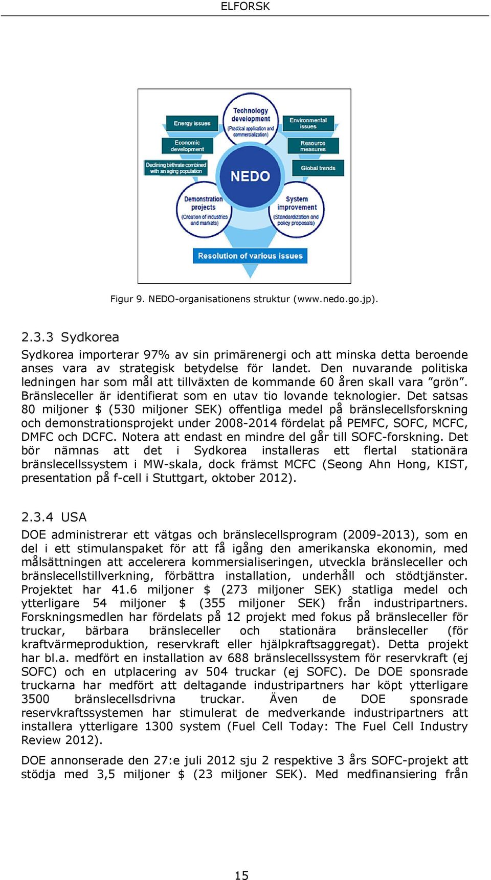 Det satsas 80 miljoner $ (530 miljoner SEK) offentliga medel på bränslecellsforskning och demonstrationsprojekt under 2008-2014 fördelat på PEMFC, SOFC, MCFC, DMFC och DCFC.