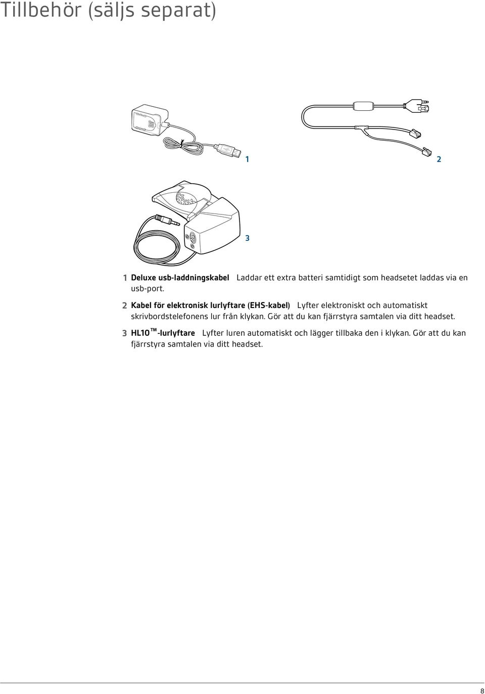 2 Kabel för elektronisk lurlyftare (EHS-kabel) Lyfter elektroniskt och automatiskt skrivbordstelefonens lur