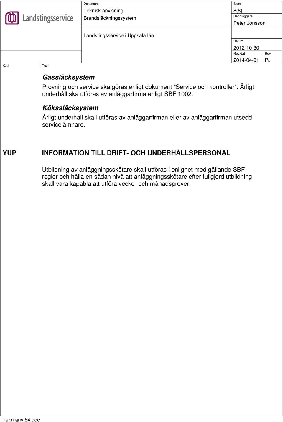 Kökssläcksystem Årligt underhåll skall utföras av anläggarfirman eller av anläggarfirman utsedd servicelämnare.