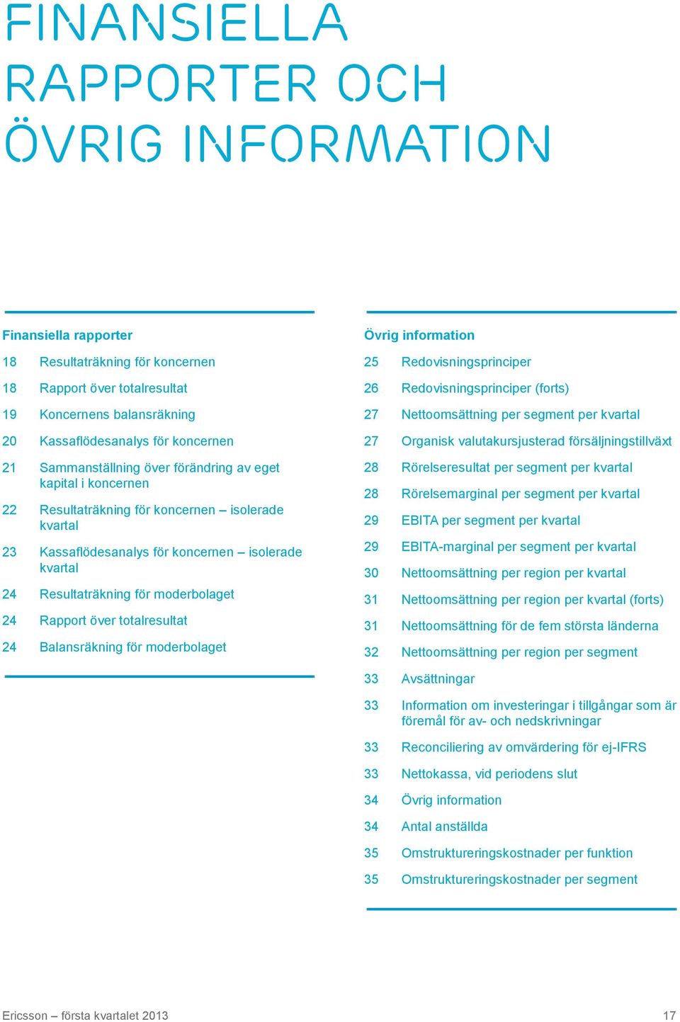 24 Rapport över totalresultat 24 Balansräkning för moderbolaget Övrig information 25 Redovisningsprinciper 26 Redovisningsprinciper (forts) 27 Nettoomsättning per segment per kvartal 27 Organisk