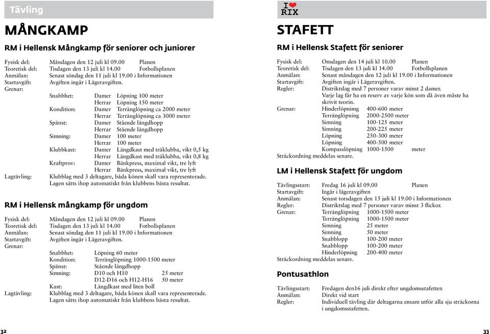 Grenar: Snabbhet: Damer Löpning 100 meter Herrar Löpning 150 meter Kondition: Damer Terränglöpning ca 2000 meter Herrar Terränglöpning ca 3000 meter Spänst: Damer Stående längdhopp Herrar Stående